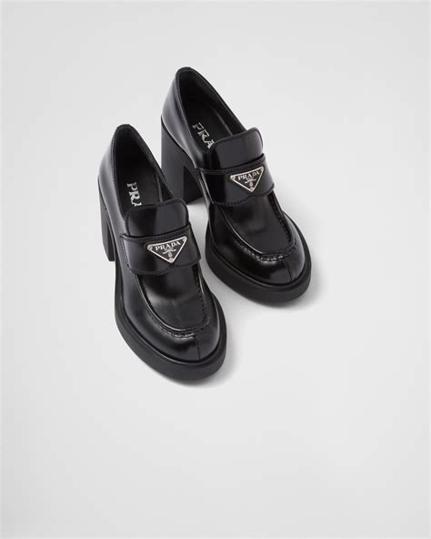 prada brushed loafers|prada chocolate high heeled brushed leather loafers.